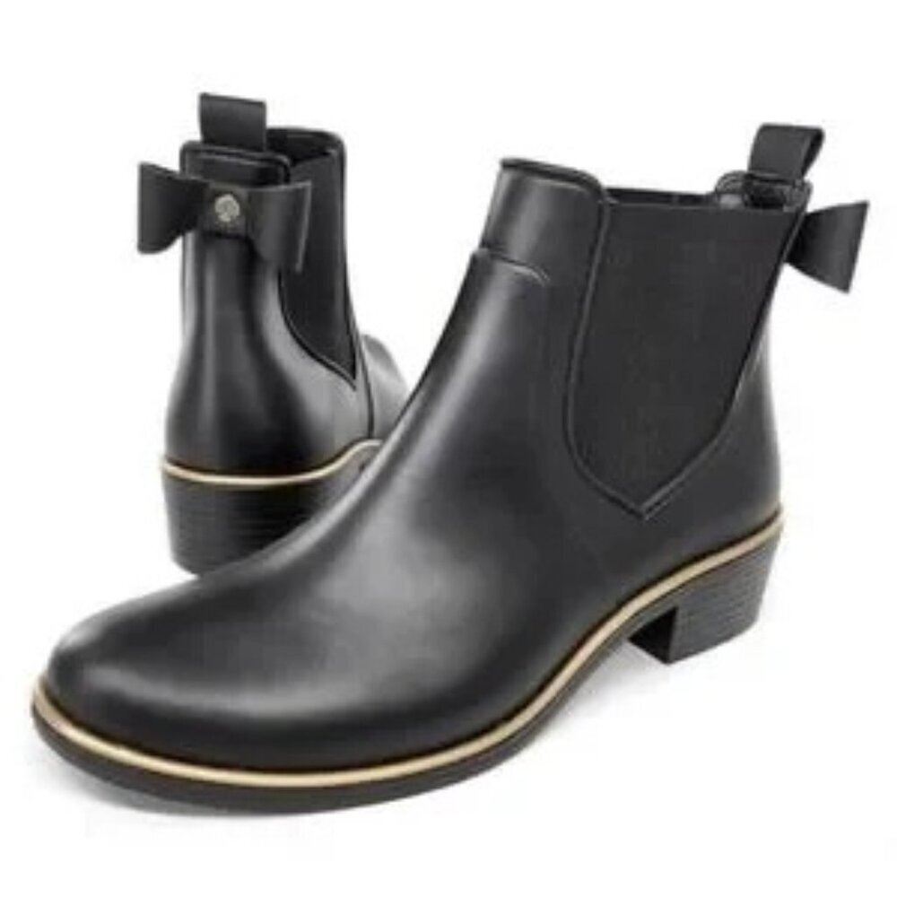 Kate Spade Edimburg Ankle High Rain Boots Low Gold Trim Bow Back Matte Black 9 - Picture 1 of 13